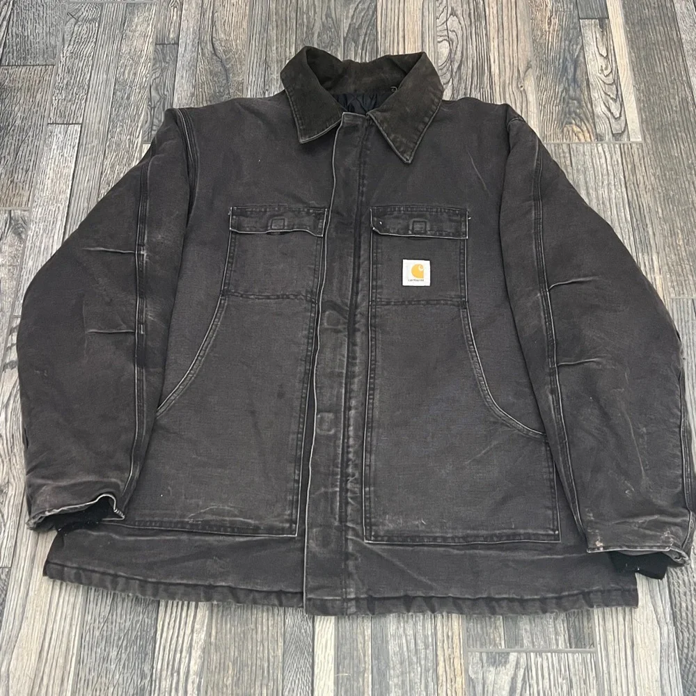 🔥🔥 Vintage CARHARTT Quilted Lined Black Canvas Work Arctic Chore Jacket 2XL‎